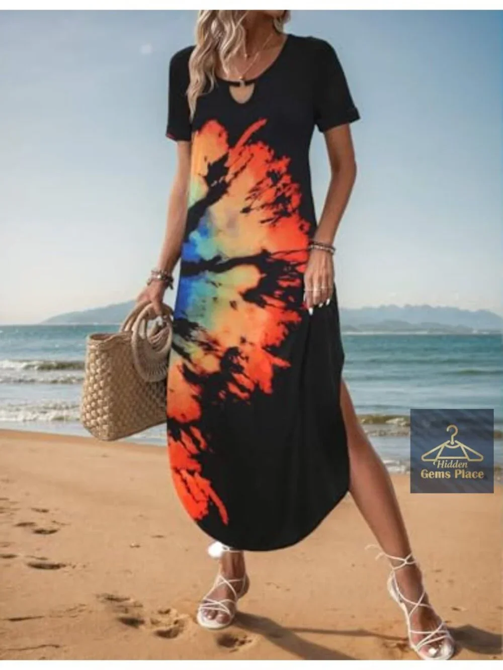 Women's Maxi Summer Dress with Pockets Short Sleeve Sundress Curve Hem Casual